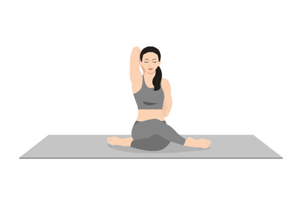 поза коровьего лица, красивая девушка практикуем гомухасану - cow face pose stock illustrations