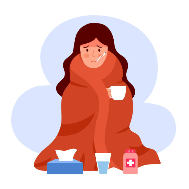 Sick woman suffering from flu with blanket. Female has fever and take thermometer in mouth. Cold or influenza disease concept. Season allergy. vector art illustration