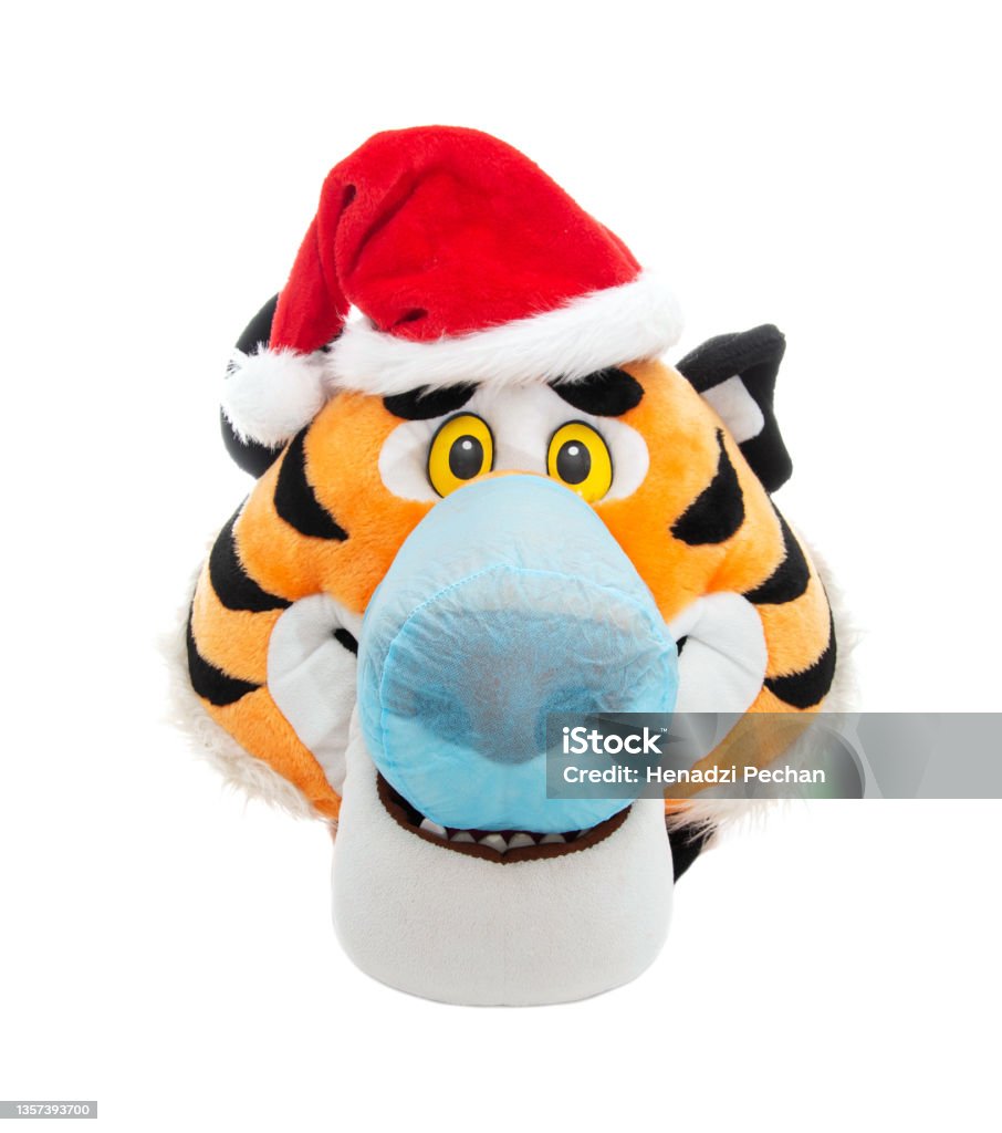 Toy tiger head in red santa claus hat and blue protective medical mask, isolate. Concept for new year and birth 2022 during the coronavirus epidemic, close-up Toy tiger head in red santa claus hat and blue protective medical mask, isolate. Concept for new year and birth 2022 during the coronavirus epidemic Astrology Stock Photo