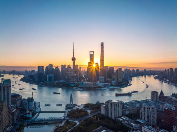 Sunrise of cityscape of Shanghai skyline in the morning stock photo