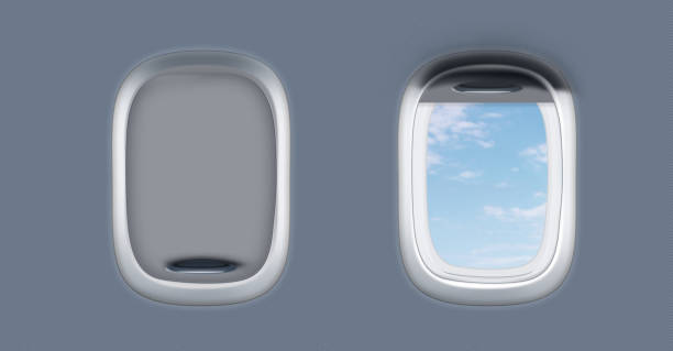 istock Open and closed airplane portholes, banner design 1357396619