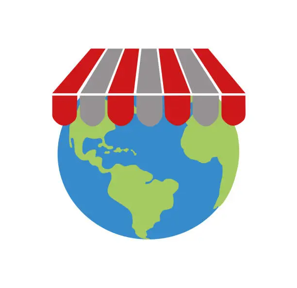 Vector illustration of Shop canopy on the globe logo,Shopping and global marketing concept