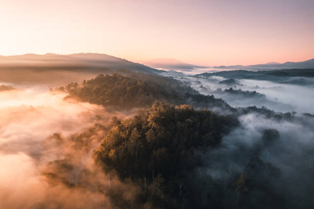 istock Flying above the clouds sunrise and fog 1357398762