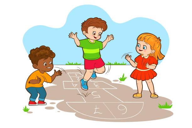 ilustrações de stock, clip art, desenhos animados e ícones de two boys and a girl are jumping while playing hopscotch. vector illustration in cartoon style, black and white line art - humor book fun human age