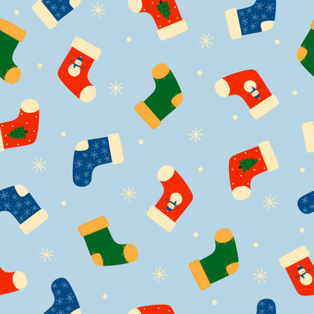 nahtloses muster aus bunten weihnachtssocken und schneeflocken. - nikolaus stiefel stock-grafiken, -clipart, -cartoons und -symbole