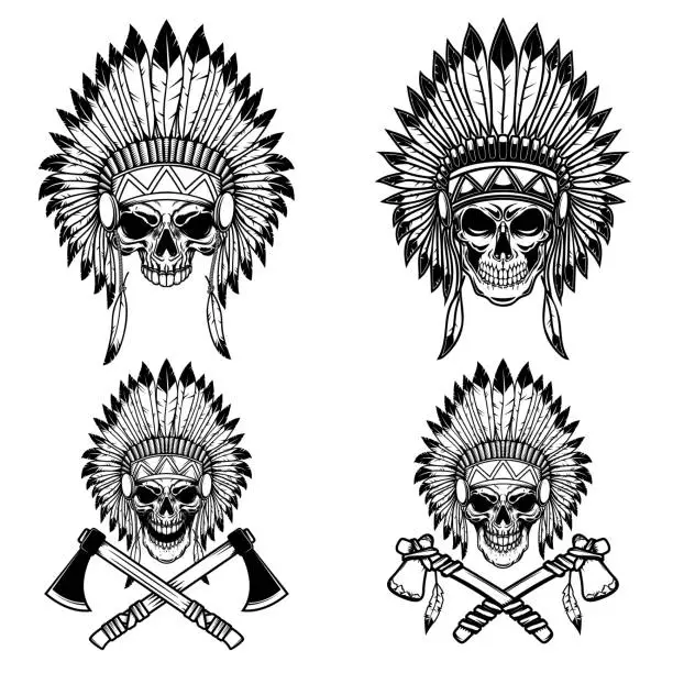 Vector illustration of Native american skull in traditional headdress and crossed tomahawks. Design element for emblem, sign, poster, t shirt. Vector illustration