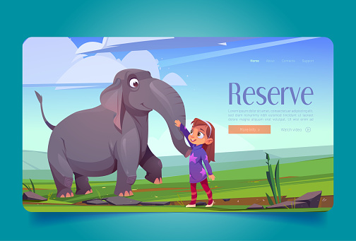 Nature reserve banner with happy elephant and girl in savannah. Vector landing page of national parkland for wildlife animals with cartoon illustration with elephant and landscape with green grass