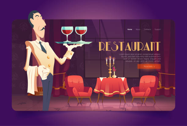 spanduk restoran dengan pelayan yang menyajikan anggur - butler holding food ilustrasi stok
