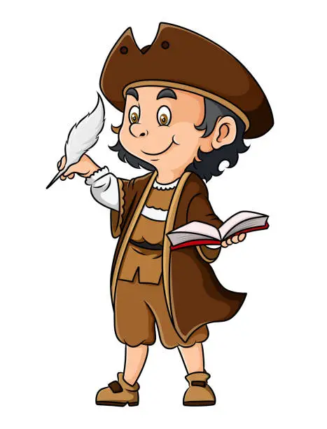 Vector illustration of The columbus pirates boy is writing with the feather ink