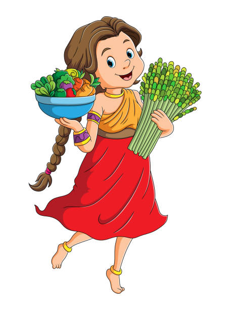 The pretty india girl is holding the a bowl of vegetables The pretty india girl is holding the a bowl of vegetables of illustration india indian culture market clothing stock illustrations