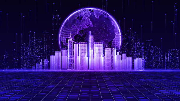 the smart city of cyberspace and metaverse digital data of futuristic and technology, internet and big data of cloud computing, 5g connection data analysis background concept. 3d rendering - metaverse stockfoto's en -beelden