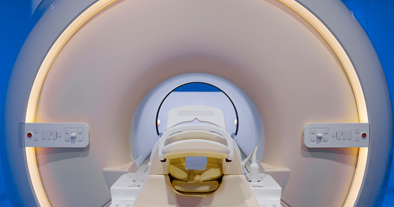 Close-up of MRI scanner in examination room at the hospital.