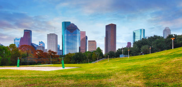 istock Houston, Texas, USA downtown park and skyline at twilight. 1357409376