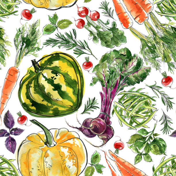 istock Pattern of vegetables drawn watercolor on a white background. Tomato, onion, radish, paprika, spices and herbs. Colored vegetables and herbs. Vegetarianism, farming, food sketch. 1357409477