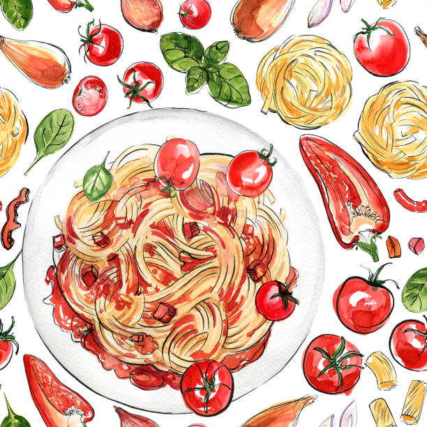 ilustrações, clipart, desenhos animados e ícones de comida italiana pasta pintou aquarela em um fundo branco. - cheese backgrounds pattern portion