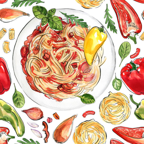 итальянская еда паста расписана акварелью на белом фоне. - white background green pattern tomato stock illustrations