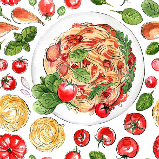ilustrações, clipart, desenhos animados e ícones de comida italiana pasta pintou aquarela em um fundo branco. - cheese backgrounds pattern portion