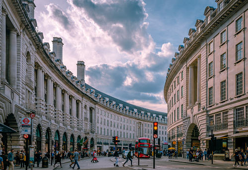 London, UK - September 15 2018: View of the curve of Regent Street, near Piccadilly Circus. Regent Street is major tourist attraction and shopping destination in London's West End.