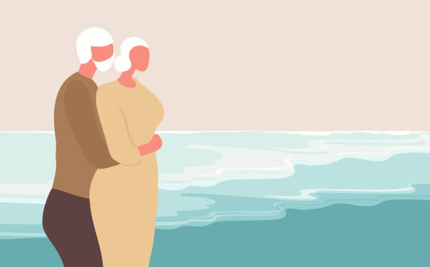illustrations, cliparts, dessins animés et icônes de couple de personnes âgées heureux embrassant sur la plage illustration vectorielle - romance travel backgrounds beaches holidays and celebrations