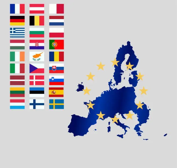 Vector illustration of The European Union map and all the countries flags of the member countries of the European Union