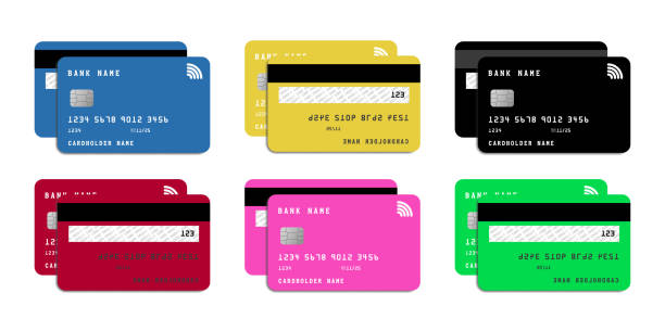 istock Bank card realistic mockup set - credit or debit cards with blank copy space isolated on white background. Vector illustration. 1357411649