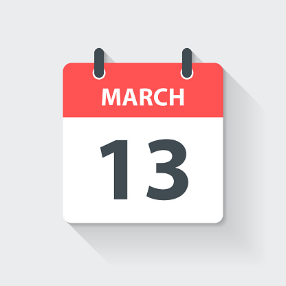 March 13. Calendar Icon with long shadow in a Flat Design style. Daily calendar isolated on a blank background. Vector Illustration (EPS10, well layered and grouped). Easy to edit, manipulate, resize or colorize. Vector and Jpeg file in different sizes.