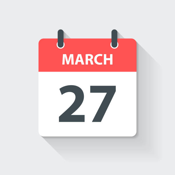 March 27 - Daily Calendar Icon in flat design style March 27. Calendar Icon with long shadow in a Flat Design style. Daily calendar isolated on a blank background. Vector Illustration (EPS10, well layered and grouped). Easy to edit, manipulate, resize or colorize. Vector and Jpeg file in different sizes. number 27 stock illustrations