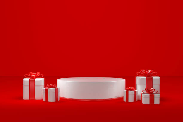 istock 3d rendering gift boxes podium pedestal on red background for advertising product design with place for text 1357413486