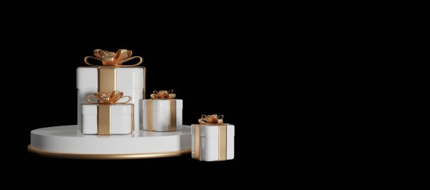 istock 3d rendering of gift boxes on podium on black background with place for product design 1357413499