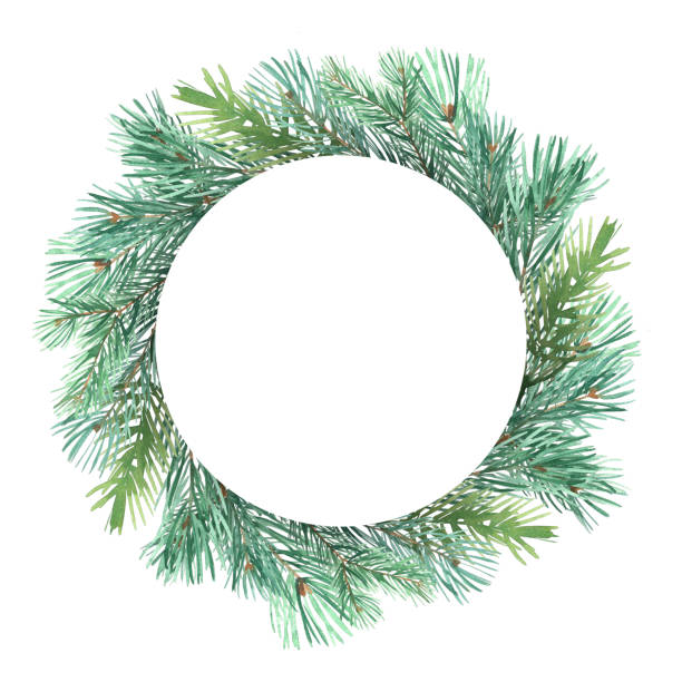 istock Christmas wreath. Ornaments from the branches painted with watercolors on white background. Branches of trees. 1357415332