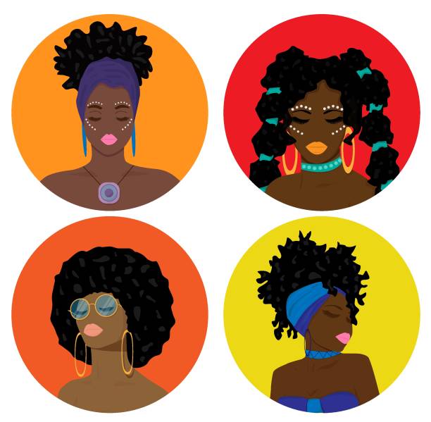 ilustrações, clipart, desenhos animados e ícones de retrato de uma linda mulher. desenho animado afro-americano. garota afro-americana moderna com cabelo encaracolado. - afro women african descent silhouette