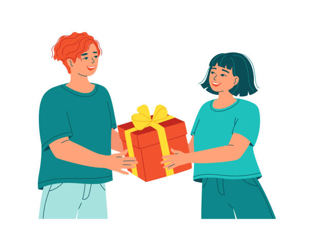 ilustrações de stock, clip art, desenhos animados e ícones de man and woman with a gift box. present to a friend, for valentine's day, birthday, christmas. young couple celebrating anniversary, date gift, lovers. isolated flat vector illustration - valentines day gift white background gift box