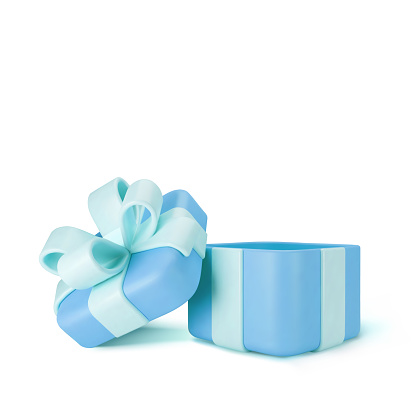 3d blue open gift box standing on the floor with pastel ribbon bow isolated on a light background. 3d render modern holiday surprise box. Realistic vector icon.