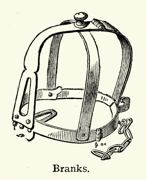 Vintage illustration of a Scold's bridle, witch's bridle, a brank's bridle, or simply branks. An instrument of punishment, as a form of torture and public humiliation. It was an iron muzzle in an iron framework that enclosed the head.