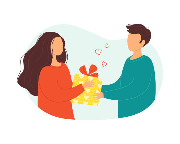 ilustrações de stock, clip art, desenhos animados e ícones de young couple man and woman give a gift box for valentine's day, birthday, family holiday, anniversary. a present for a date. isolated vector illustrations in flat style. - valentines day gift white background gift box