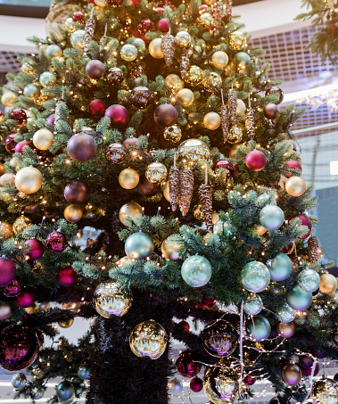 Beautiful decorated christmas tree with balls