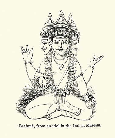 Vintage illustration Brahma, Hindu creation god, the triple deity of supreme divinity that includes Vishnu, and Shiva