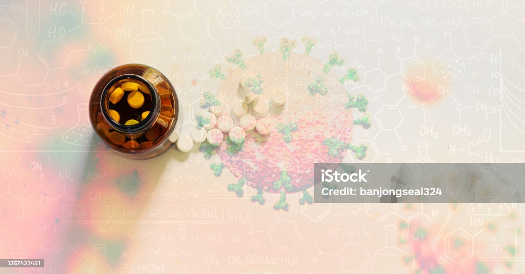 Science in vitro drug experiment,Scientists have experimented with antibiotics in vitro,Image of Flu COVID-19 virus cell under the microscope on the blood,hand drawn science formula Mathematics Stock Photo