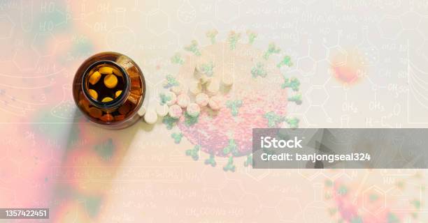 Science In Vitro Drug Experimentscientists Have Experimented With Antibiotics In Vitroimage Of Flu Covid19 Virus Cell Under The Microscope On The Bloodhand Drawn Science Formula Stock Photo - Download Image Now