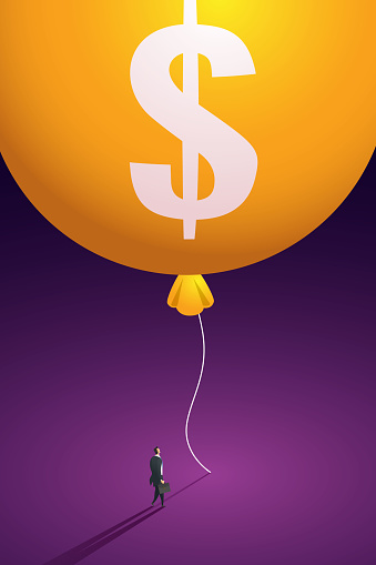 Dollar sign on a floating balloon.Investment bubble is ready to explode, high inflation financial risk. isometric vector illustration.
