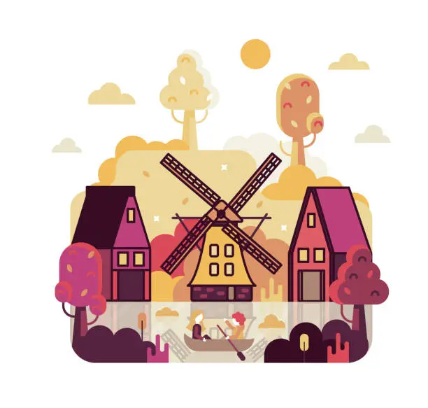 Vector illustration of Man and woman having a date. Cute village landscape. Vector cartoon illustration in flat stile