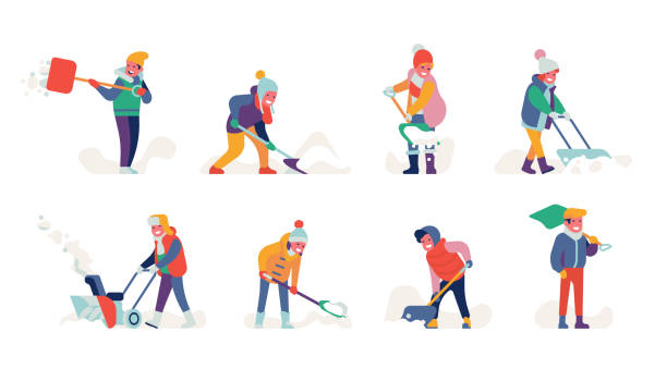 Set of flat vector cheerful happy characters on winter snow shoveling Collection of minimalist styled colorful people working with shovels clearing snowdrift streets wearing winter clothes shovel stock illustrations
