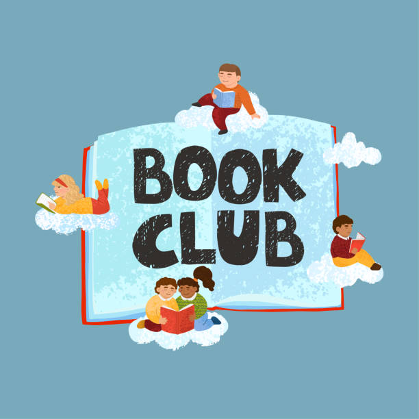 Book club hand drawn lettering Book club, hand drawn vector lettering. Open book illustration of reading children on clouds with typography isolated on white background book club stock illustrations