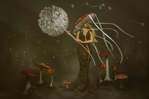 Everything in the image is real:  the pollen, the wind, the smoke... The dress was created with real peat moss by the model and stylist of the photography duo, and also hand made the dandelion