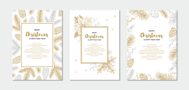 Set of Merry Christmas and happy New Year greeting cards with floral elements. Hand drawn vector illustration Set of Merry Christmas and happy New Year greeting cards with floral elements. Hand drawn vector illustration christmas pine cone frame branch stock illustrations