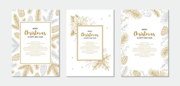 Vector illustration of Set of Merry Christmas and happy New Year greeting cards with floral elements. Hand drawn vector illustration