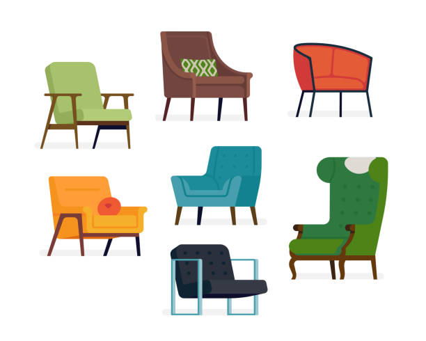 Set of quality vector illustrations on mid-century modern armchairs Various furniture items. Chairs and seats of different style and color, isolated, on white background furniture illustrations stock illustrations