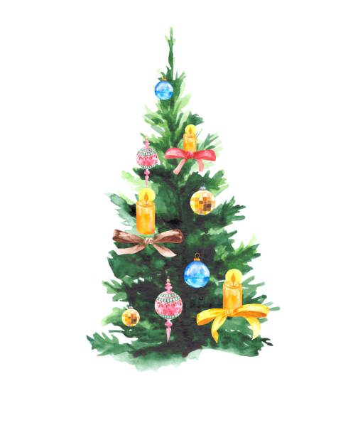 istock Green Christmas tree with candles, glass balls and bows isolated on a white background. Christmas illustration for the design of holiday cards. 1357424653