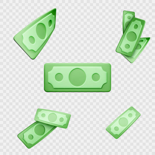 달러 지폐. 녹색 종이 법안. 투명 한 배경에 고립 된 만화 돈을 비행 - 3차원 형태 stock illustrations