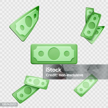istock Dollar banknote. Green paper bill. Fly cartoon money isolated on transparent background 1357425121